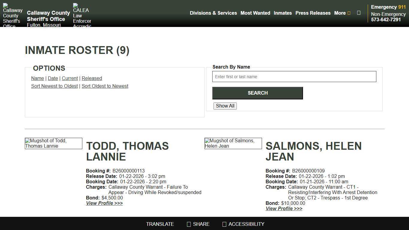 Inmate Roster - Released Inmates Booking Date Descending - Callaway County Sheriff's Office, Missouri